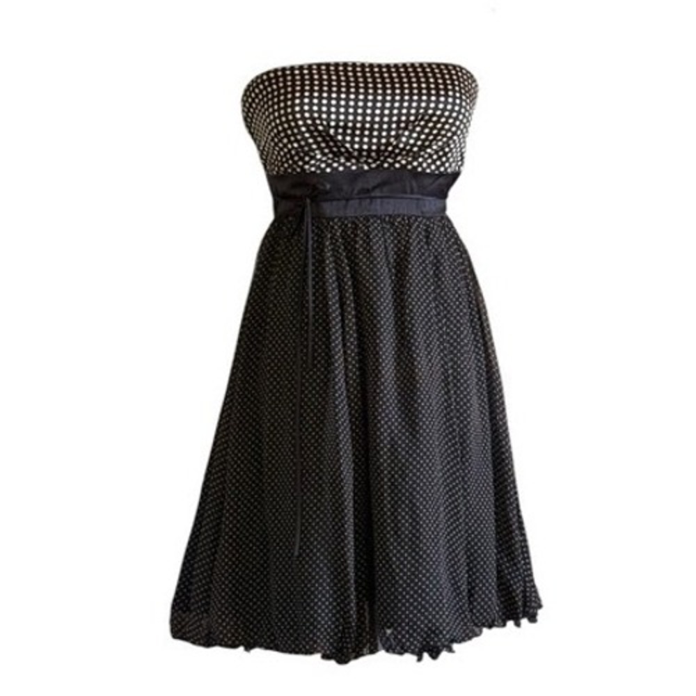 Bebe 100% Silk Polka Dot Strapless Mini Dress Black White XS